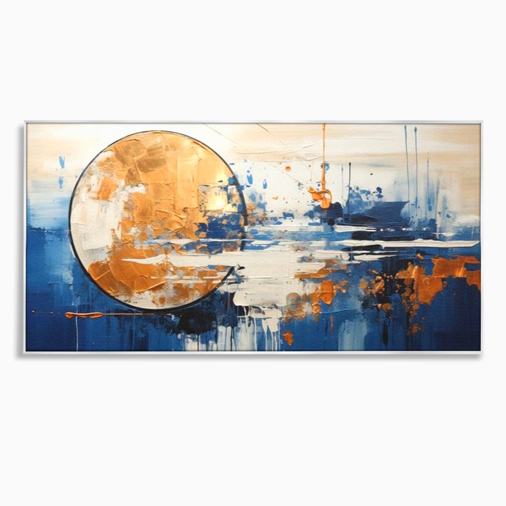 Tablou canvas cu tablou abstract cu luna aurie, in rama de aluminiu argintiu
